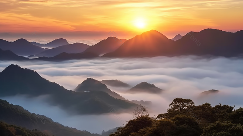 黄色山顶层峦叠嶂连绵不绝日出云海风景背景,高清,摄影图,摄影图片,图片大全,摄影图免费下载